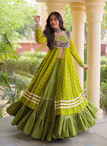 Parrot Pure Georgette Bandhani Print Kutchi Patchwork Navratri Lehenga Choli With Koti