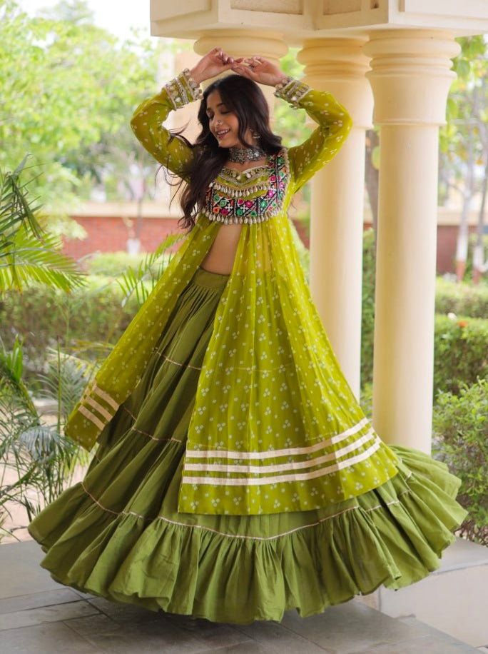 Parrot Pure Georgette Bandhani Print Kutchi Patchwork Navratri Lehenga Choli With Koti