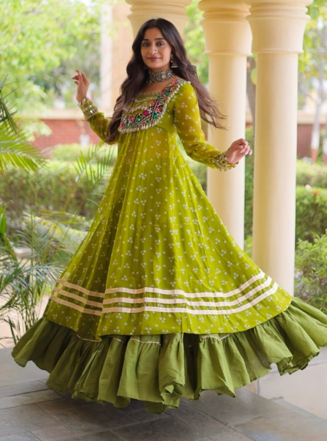 Parrot Pure Georgette Bandhani Print Kutchi Patchwork Navratri Lehenga Choli With Koti