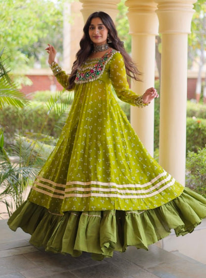 Parrot Pure Georgette Bandhani Print Kutchi Patchwork Navratri Lehenga Choli With Koti