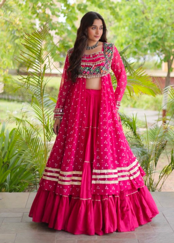 Red Pure Georgette Bandhani Print Kutchi Patchwork Navratri Lehenga Choli With Koti