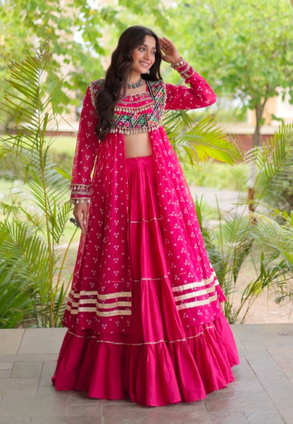 Red Pure Georgette Bandhani Print Kutchi Patchwork Navratri Lehenga Choli With Koti