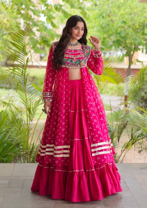 Red Pure Georgette Bandhani Print Kutchi Patchwork Navratri Lehenga Choli With Koti