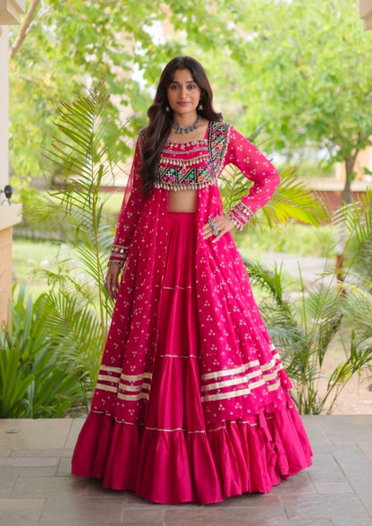 Red Pure Georgette Bandhani Print Kutchi Patchwork Navratri Lehenga Choli With Koti