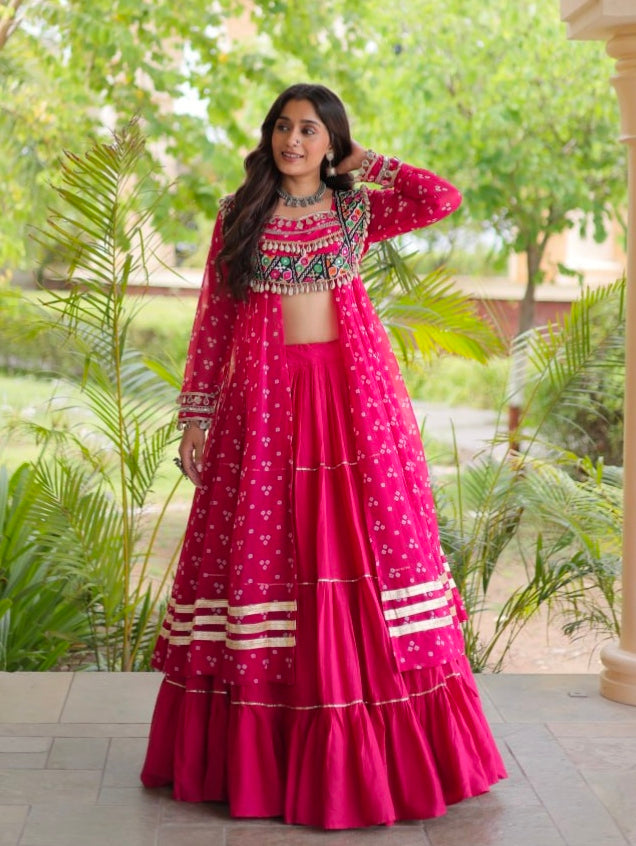 Red Pure Georgette Bandhani Print Kutchi Patchwork Navratri Lehenga Choli With Koti