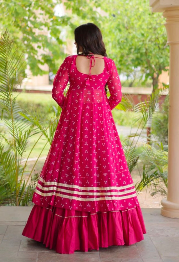 Red Pure Georgette Bandhani Print Kutchi Patchwork Navratri Lehenga Choli With Koti