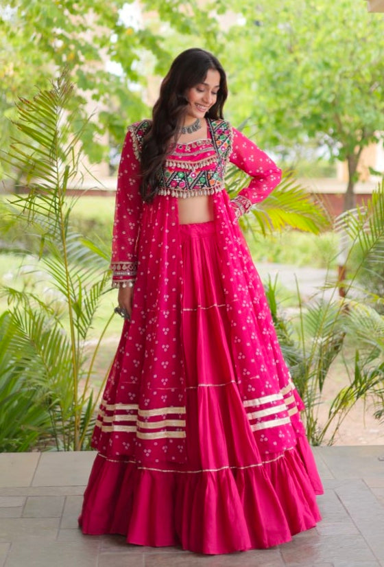 Red Pure Georgette Bandhani Print Kutchi Patchwork Navratri Lehenga Choli With Koti