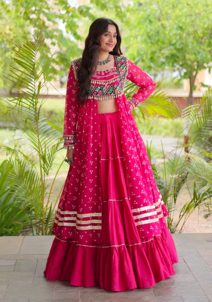 Red Pure Georgette Bandhani Print Kutchi Patchwork Navratri Lehenga Choli With Koti