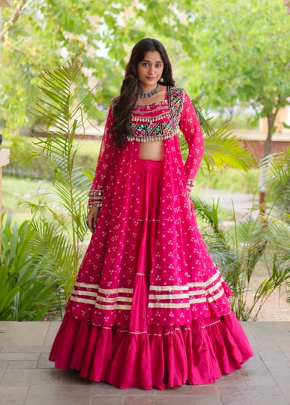 Red Pure Georgette Bandhani Print Kutchi Patchwork Navratri Lehenga Choli With Koti