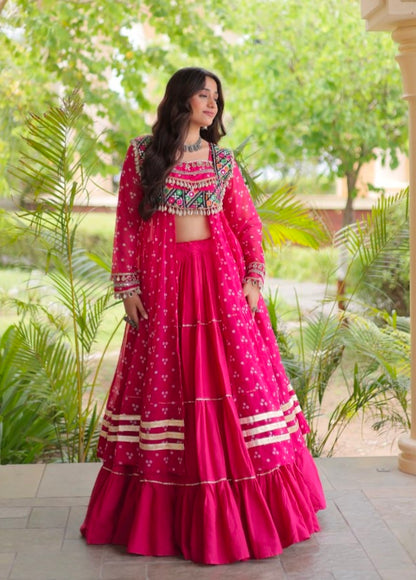 Red Pure Georgette Bandhani Print Kutchi Patchwork Navratri Lehenga Choli With Koti