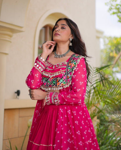 Red Pure Georgette Bandhani Print Kutchi Patchwork Navratri Lehenga Choli With Koti