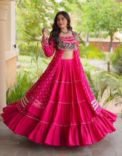 Red Pure Georgette Bandhani Print Kutchi Patchwork Navratri Lehenga Choli With Koti
