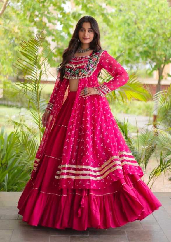 Red Pure Georgette Bandhani Print Kutchi Patchwork Navratri Lehenga Choli With Koti