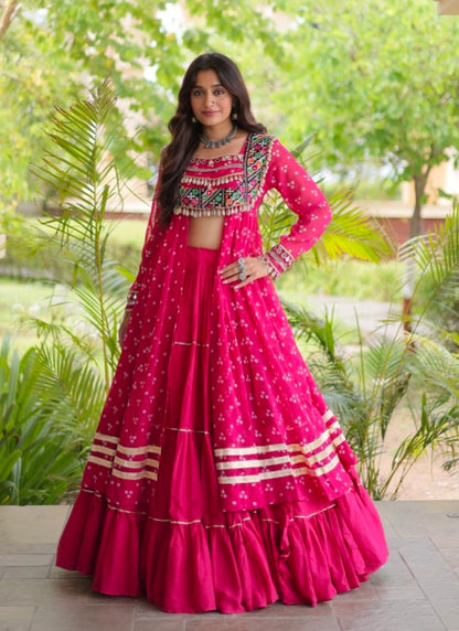 Red Pure Georgette Bandhani Print Kutchi Patchwork Navratri Lehenga Choli With Koti