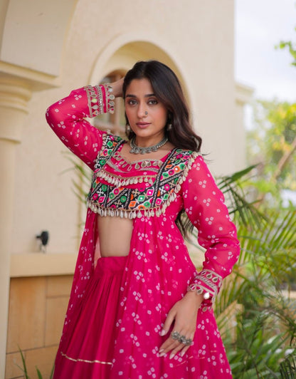 Red Pure Georgette Bandhani Print Kutchi Patchwork Navratri Lehenga Choli With Koti
