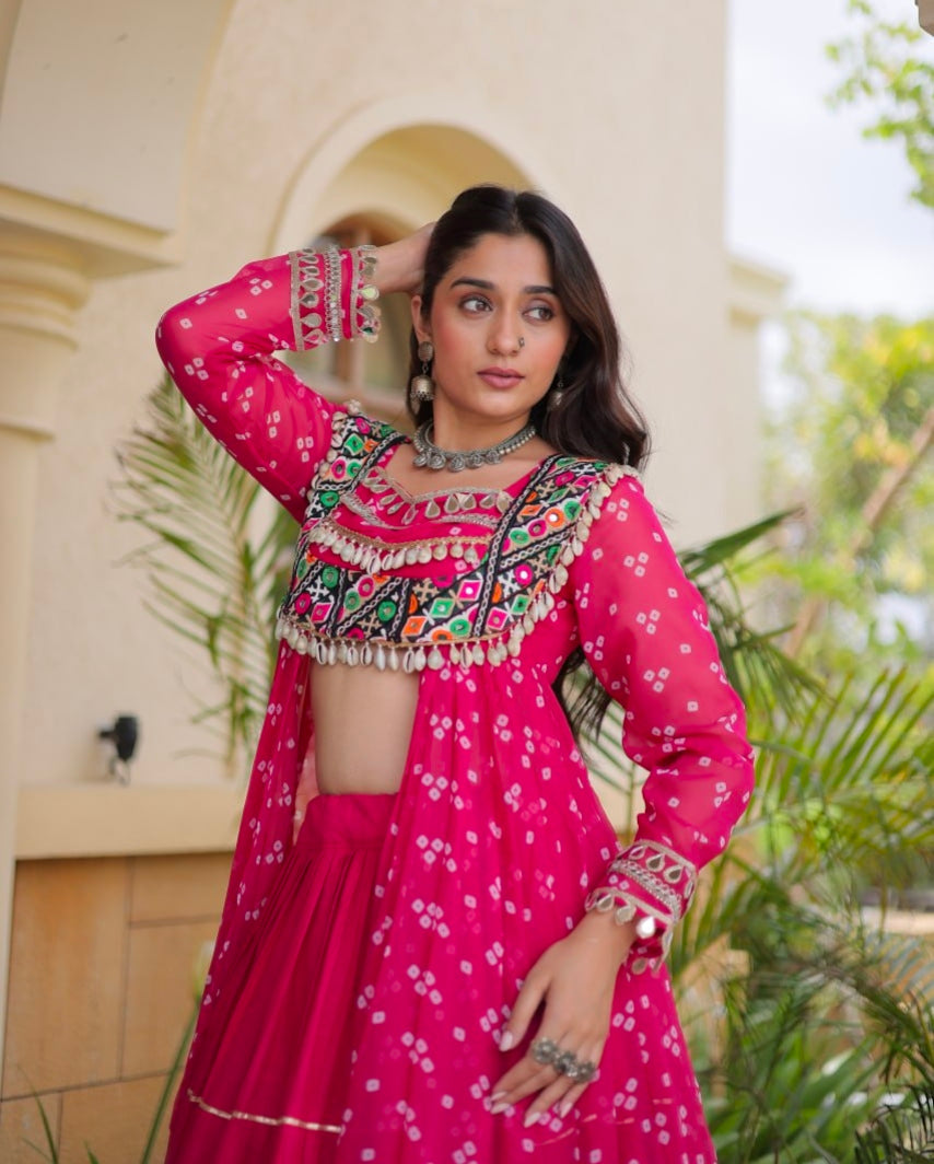 Red Pure Georgette Bandhani Print Kutchi Patchwork Navratri Lehenga Choli With Koti