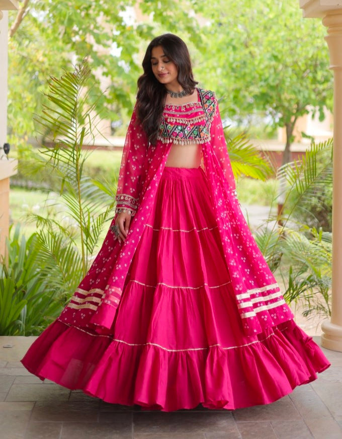 Red Pure Georgette Bandhani Print Kutchi Patchwork Navratri Lehenga Choli With Koti