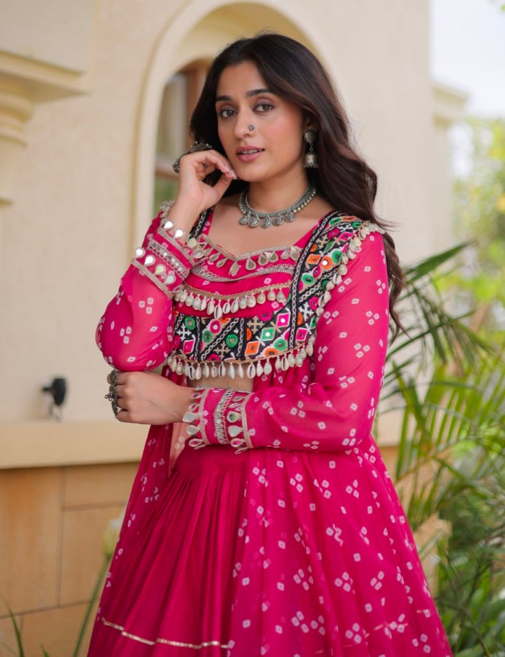 Red Pure Georgette Bandhani Print Kutchi Patchwork Navratri Lehenga Choli With Koti