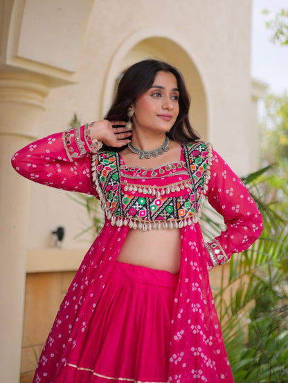 Red Pure Georgette Bandhani Print Kutchi Patchwork Navratri Lehenga Choli With Koti