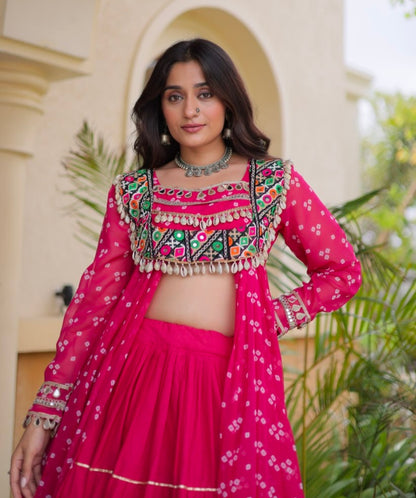 Red Pure Georgette Bandhani Print Kutchi Patchwork Navratri Lehenga Choli With Koti
