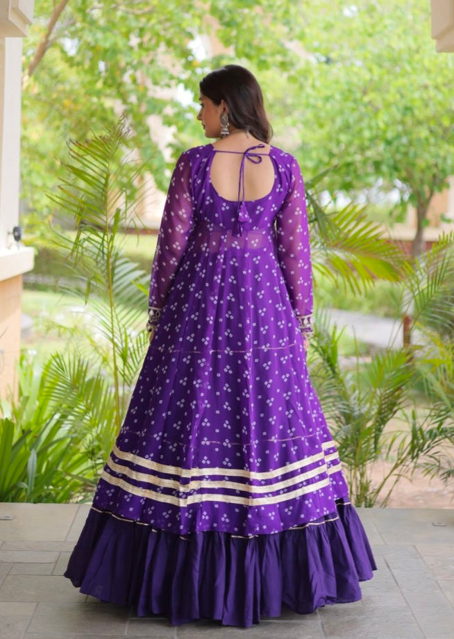 Purple Pure Georgette Bandhani Print Kutchi Patchwork Navratri Lehenga Choli With Koti