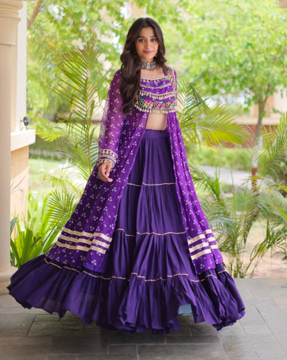 Purple Pure Georgette Bandhani Print Kutchi Patchwork Navratri Lehenga Choli With Koti