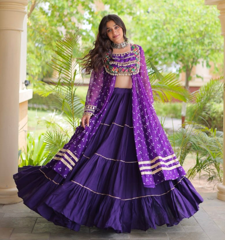 Purple Pure Georgette Bandhani Print Kutchi Patchwork Navratri Lehenga Choli With Koti