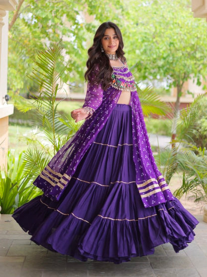 Purple Pure Georgette Bandhani Print Kutchi Patchwork Navratri Lehenga Choli With Koti