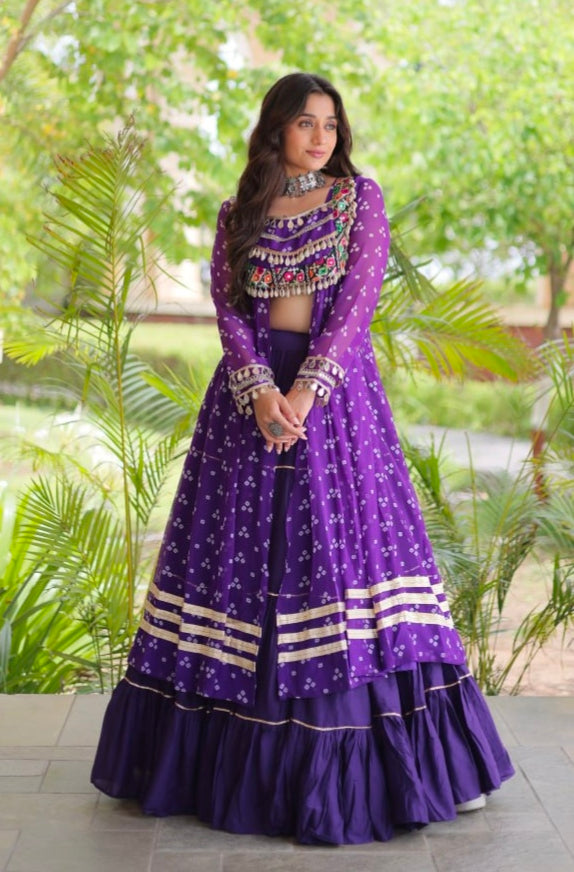 Purple Pure Georgette Bandhani Print Kutchi Patchwork Navratri Lehenga Choli With Koti
