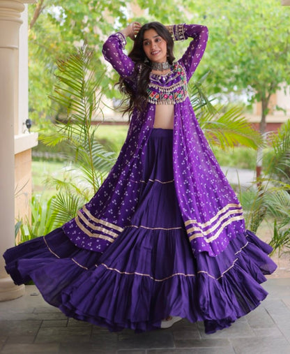 Purple Pure Georgette Bandhani Print Kutchi Patchwork Navratri Lehenga Choli With Koti
