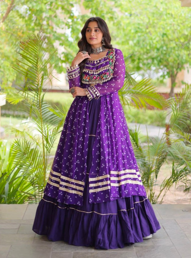 Purple Pure Georgette Bandhani Print Kutchi Patchwork Navratri Lehenga Choli With Koti