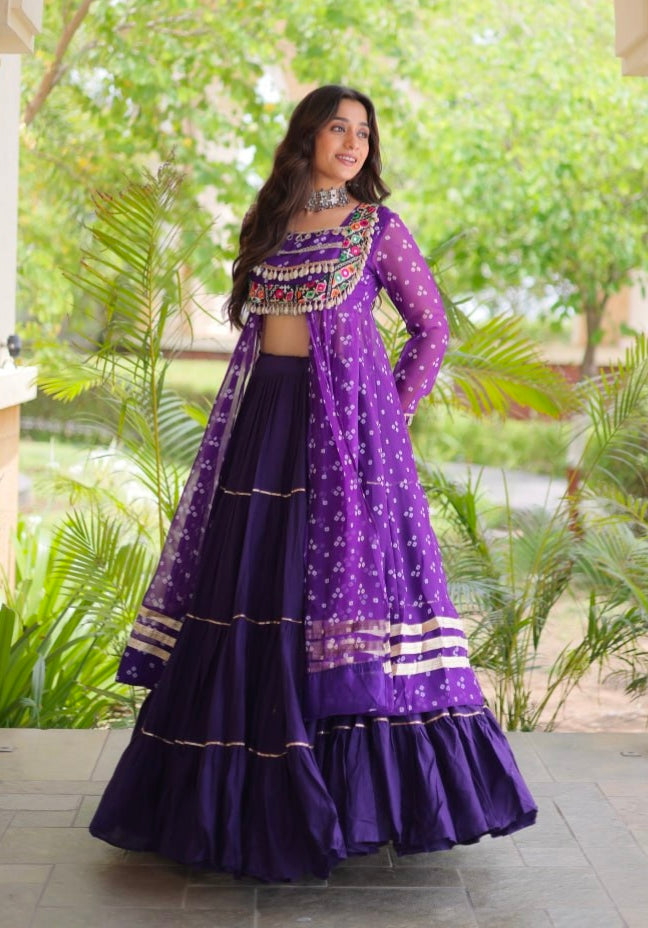 Purple Pure Georgette Bandhani Print Kutchi Patchwork Navratri Lehenga Choli With Koti