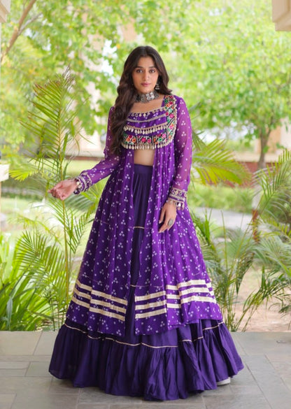 Purple Pure Georgette Bandhani Print Kutchi Patchwork Navratri Lehenga Choli With Koti