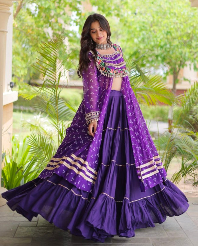 Purple Pure Georgette Bandhani Print Kutchi Patchwork Navratri Lehenga Choli With Koti