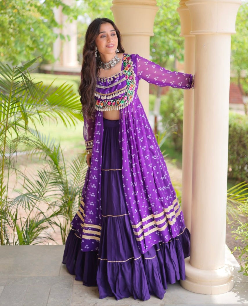 Purple Pure Georgette Bandhani Print Kutchi Patchwork Navratri Lehenga Choli With Koti