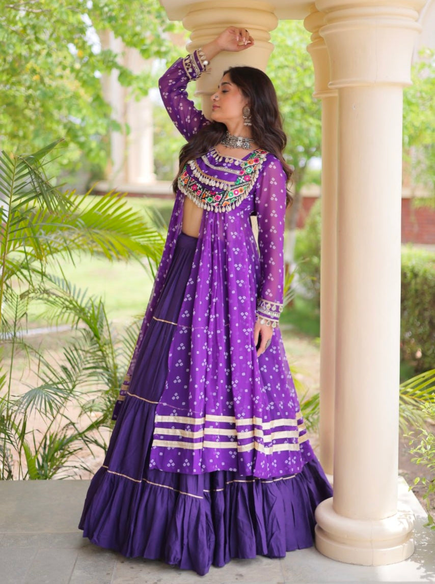 Purple Pure Georgette Bandhani Print Kutchi Patchwork Navratri Lehenga Choli With Koti