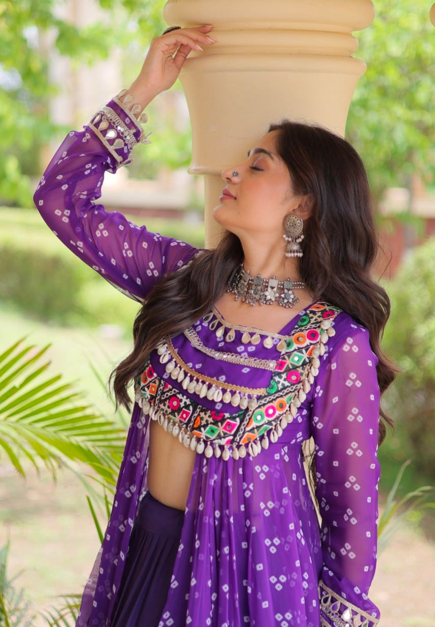 Purple Pure Georgette Bandhani Print Kutchi Patchwork Navratri Lehenga Choli With Koti