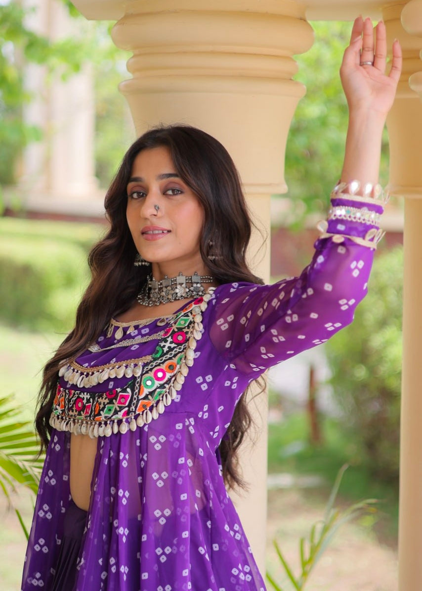 Purple Pure Georgette Bandhani Print Kutchi Patchwork Navratri Lehenga Choli With Koti