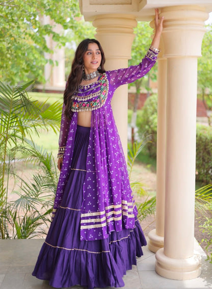 Purple Pure Georgette Bandhani Print Kutchi Patchwork Navratri Lehenga Choli With Koti