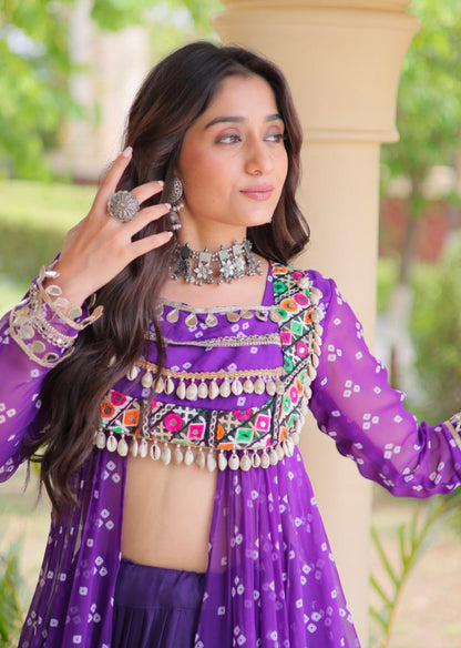 Purple Pure Georgette Bandhani Print Kutchi Patchwork Navratri Lehenga Choli With Koti