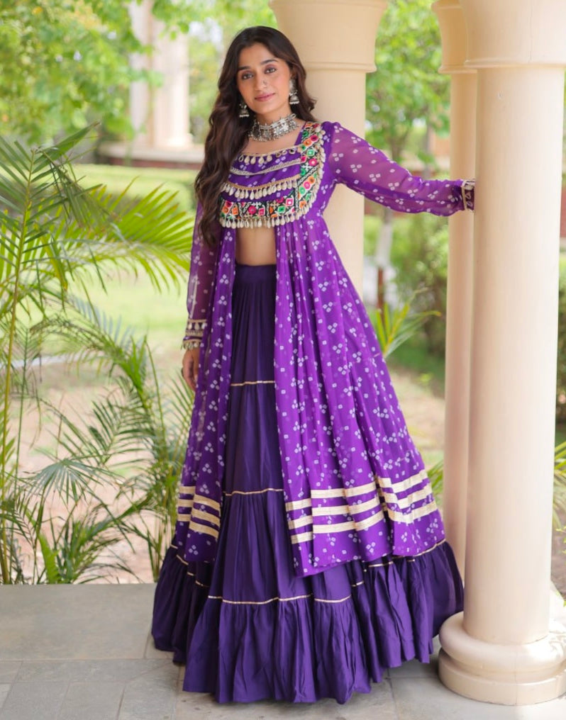 Purple Pure Georgette Bandhani Print Kutchi Patchwork Navratri Lehenga Choli With Koti