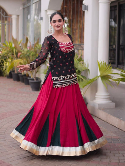 Black &amp; Red Pure Georgette Bandhani Print Kutchi Navratri Lehenga Choli