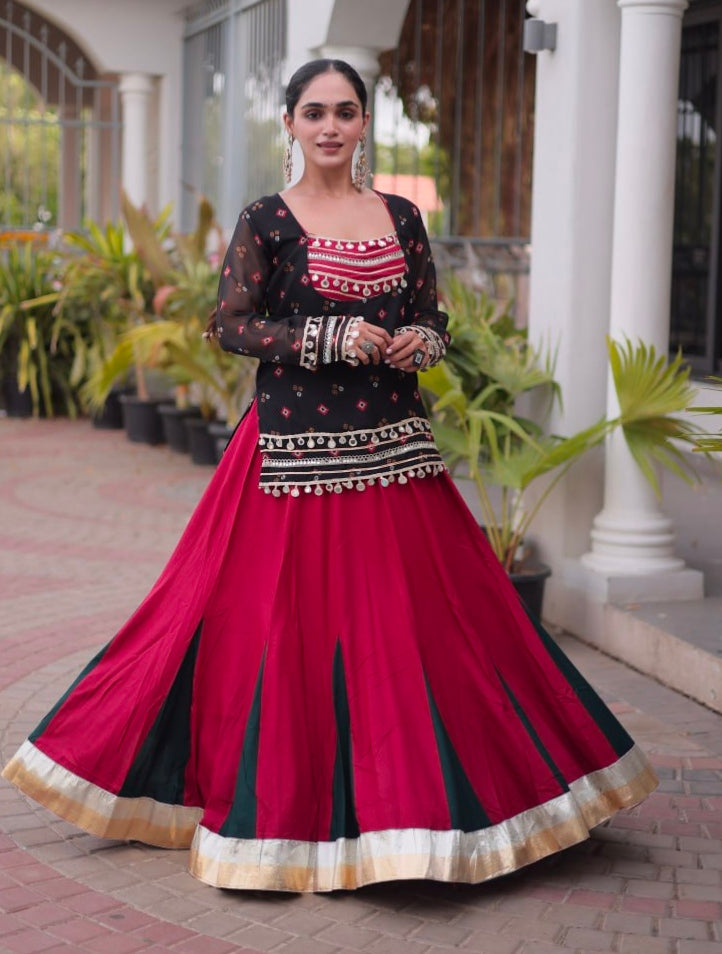 Black &amp; Red Pure Georgette Bandhani Print Kutchi Navratri Lehenga Choli