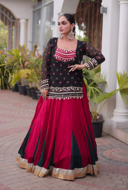 Black &amp; Red Pure Georgette Bandhani Print Kutchi Navratri Lehenga Choli