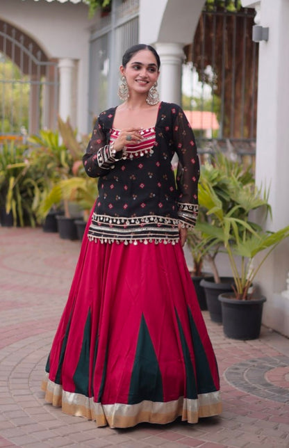 Black &amp; Red Pure Georgette Bandhani Print Kutchi Navratri Lehenga Choli