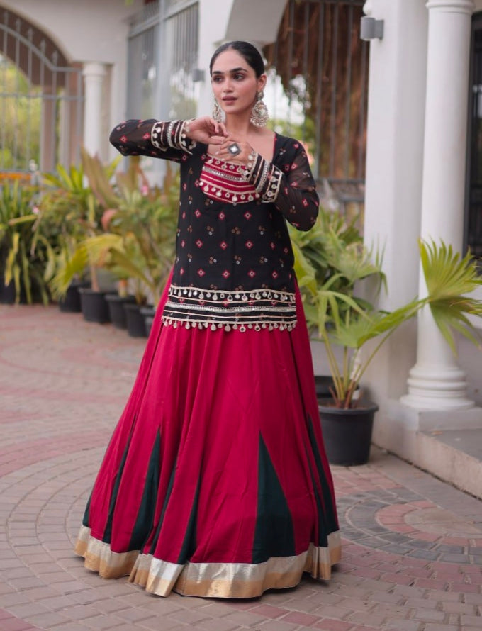 Black &amp; Red Pure Georgette Bandhani Print Kutchi Navratri Lehenga Choli