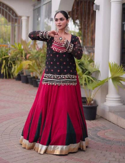 Black &amp; Red Pure Georgette Bandhani Print Kutchi Navratri Lehenga Choli