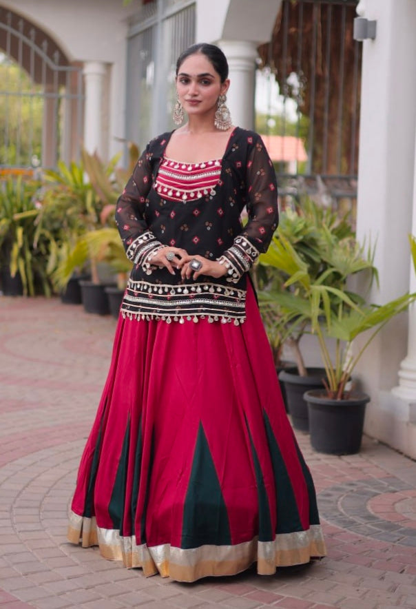 Black &amp; Red Pure Georgette Bandhani Print Kutchi Navratri Lehenga Choli