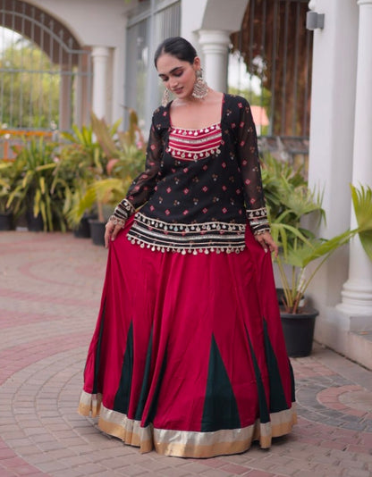 Black &amp; Red Pure Georgette Bandhani Print Kutchi Navratri Lehenga Choli