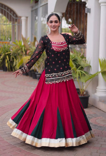 Black &amp; Red Pure Georgette Bandhani Print Kutchi Navratri Lehenga Choli
